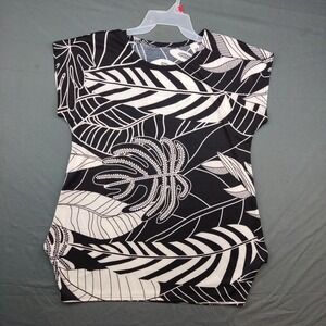 Unbranded Top Women XL Black White Tropical‎ Leaf Print Cap Sleeve Blouse